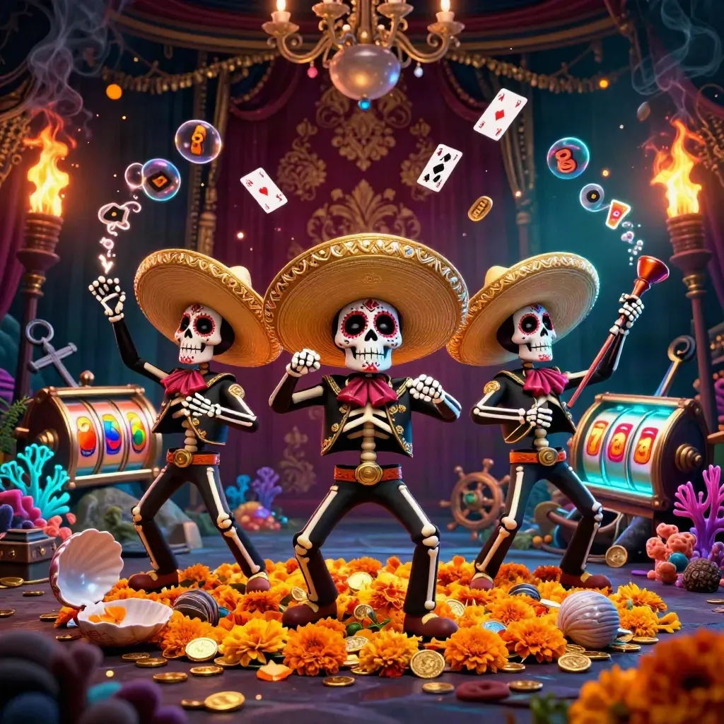 Skeleton mariachi trio in a treasure cove with cyan glow and casino effects