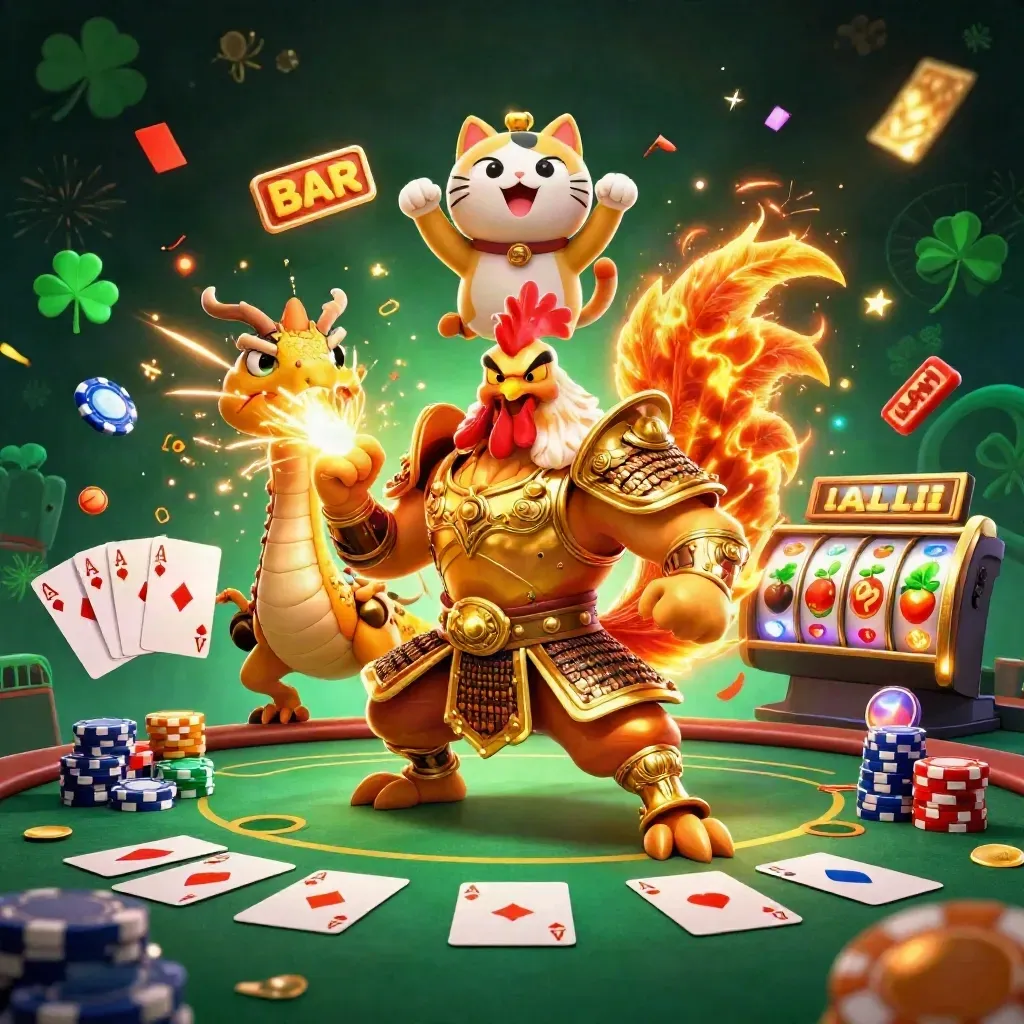Rooster warrior, dragon hatchling, and fortune-cat amid casino chips, cards, sparks, and neon magic