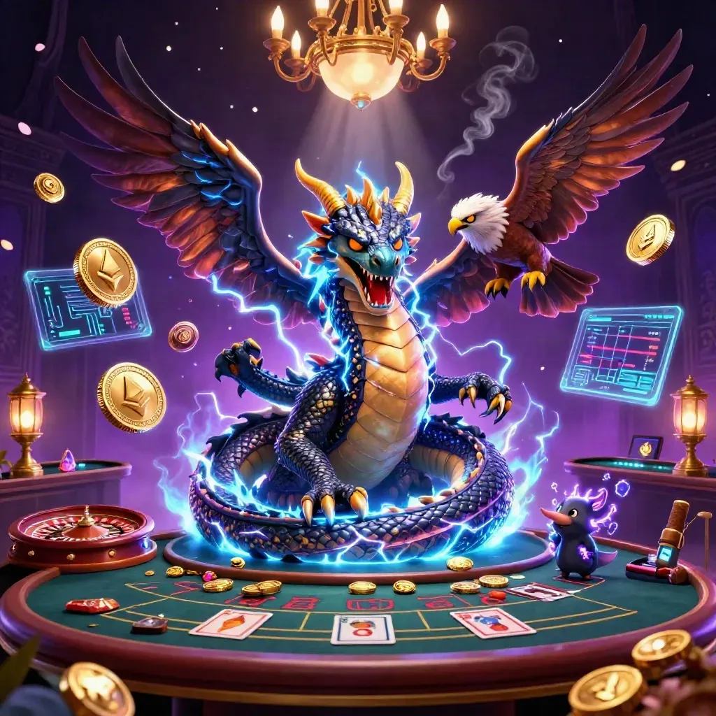 Thunder dragon, wind hawk, and static mouse in a neon casino suite with glowing coins