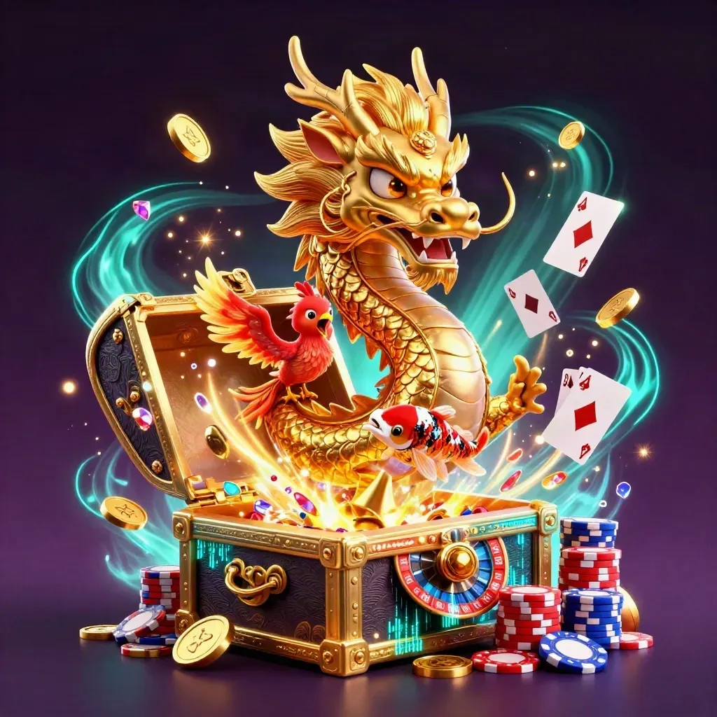 Golden dragon, phoenix, koi, coins, gems, roulette wheel, cards, and chips in a neon casino burst.