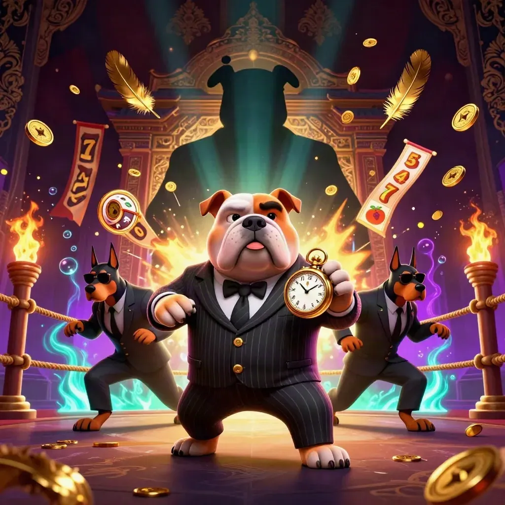 Bulldog boss and Dobermans charge through a gold vault ring amid coins, cyan glow and temple gates.