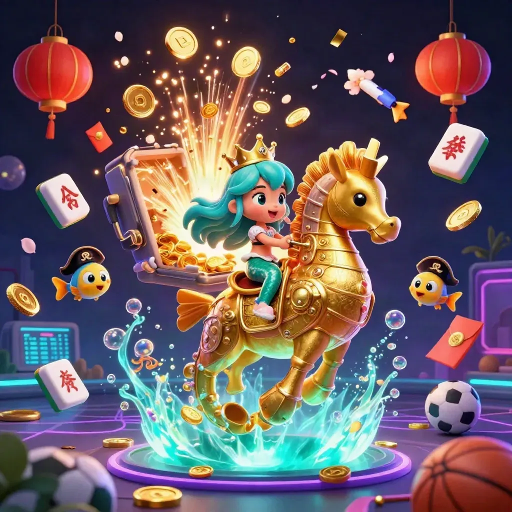 Mermaid princess on a gold seahorse amid vault coins, lanterns, fish, and neon casino effects.