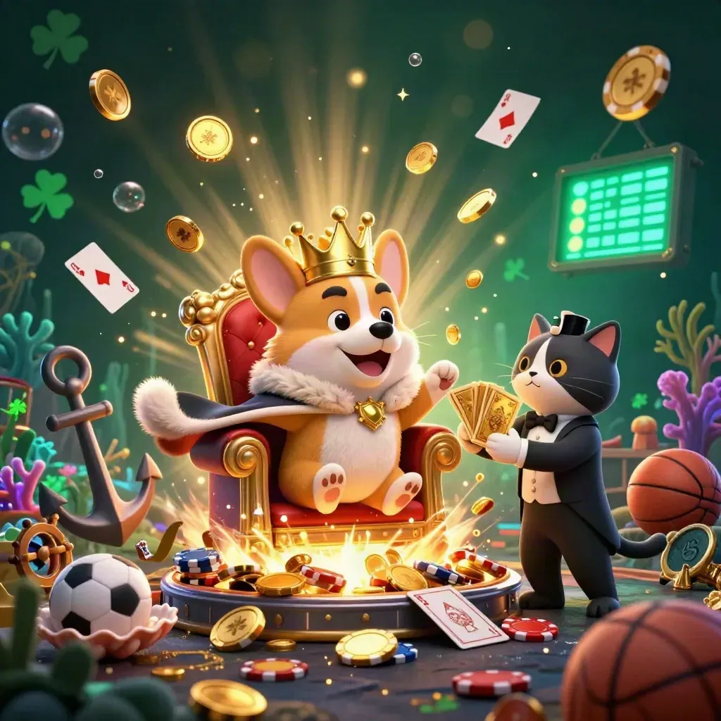 Royal corgi king and cat butler amid treasure coins, coral, cards, and casino glow.
