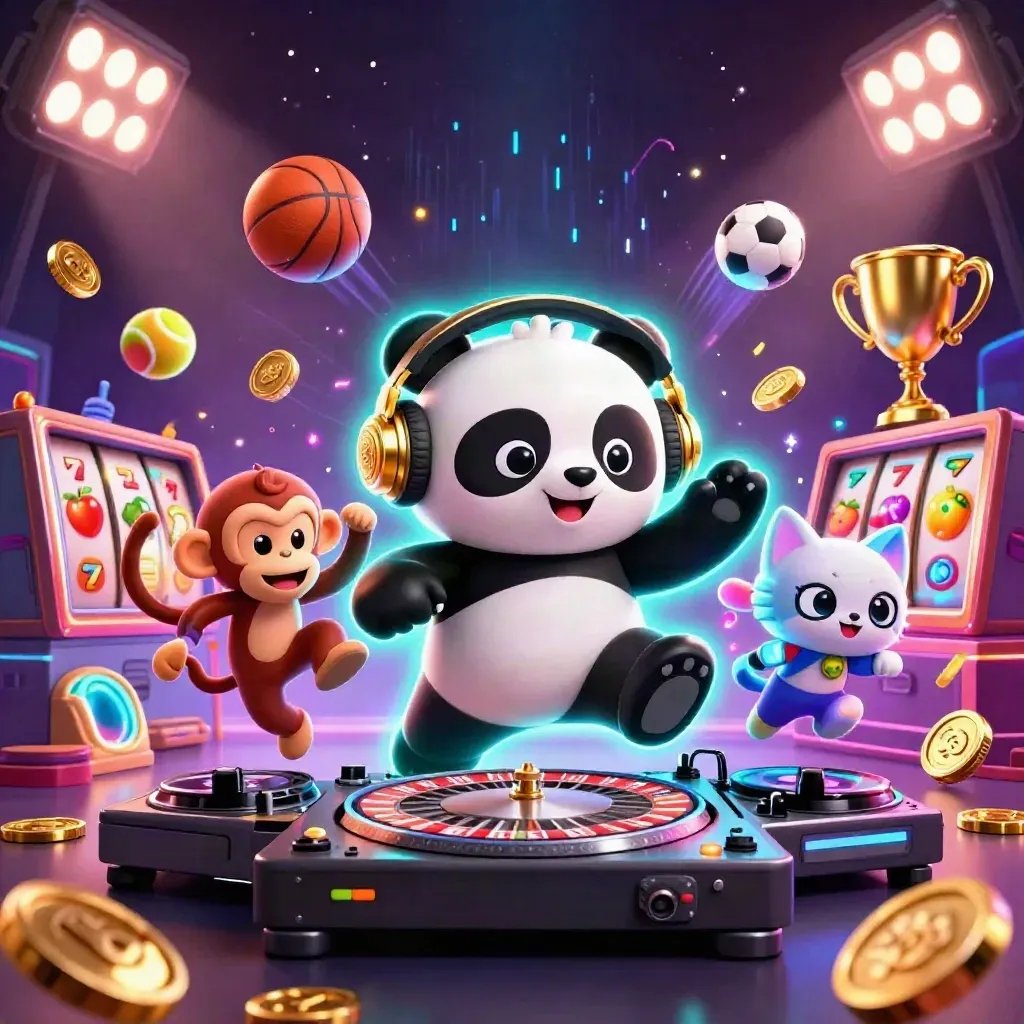 DJ panda, dancing monkey, and rave kitten amid neon casino action and flying sports balls