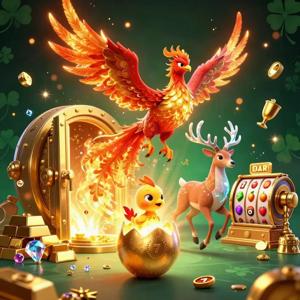 Phoenix trio, vault door, gold, gems, and crystal stag burst in amber casino glow.