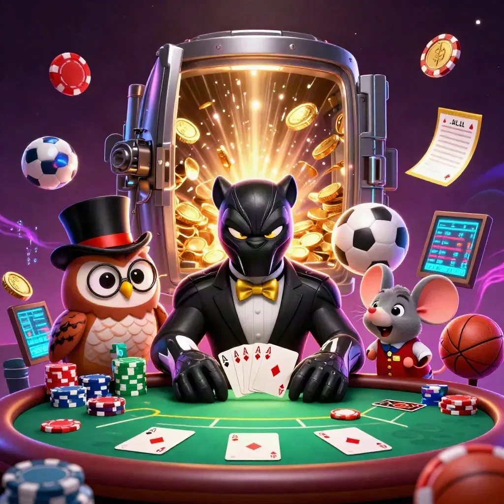 Panther, owl, and mouse with casino cards amid coins, fireworks, and neon vault energy.