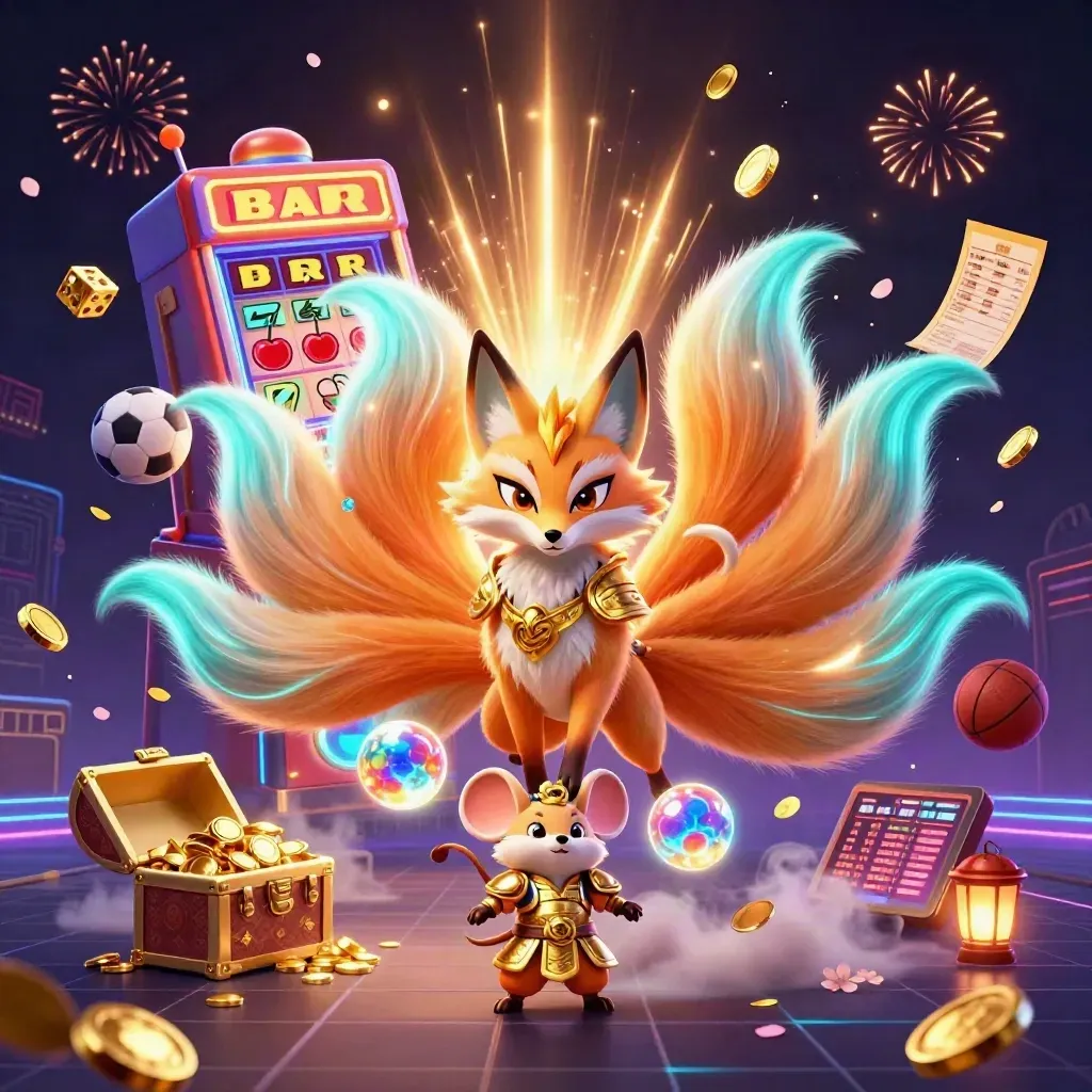 Fox spirit and samurai mouse amid exploding casino jackpot, coins, dice, and neon fireworks.