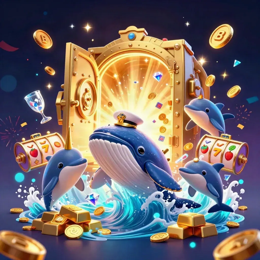 Whale captain, narwhal and dolphins burst from coins with vault glow, gems, reels and casino sparkles.