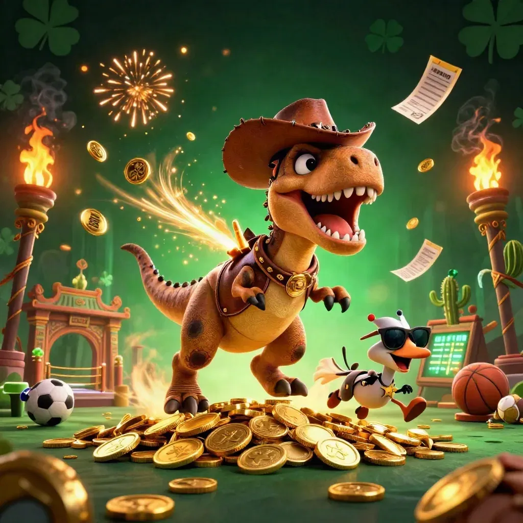 Cowboy T-Rex, cactus sidekick, and sheriff roadrunner amid casino treasure, neon glow, and sports icons