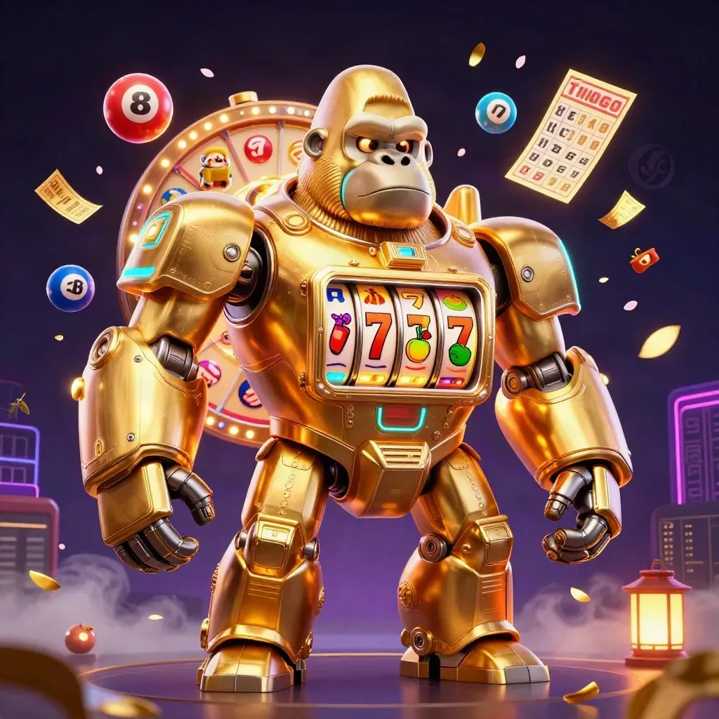 Golden gorilla slot-mech with tiny monkey pilot, reels, lottery balls, bingo card and neon casino effects.