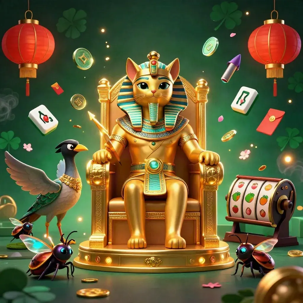 Pharaoh cat on golden throne with ibis scribe and gem-wing scarabs amid casino symbols