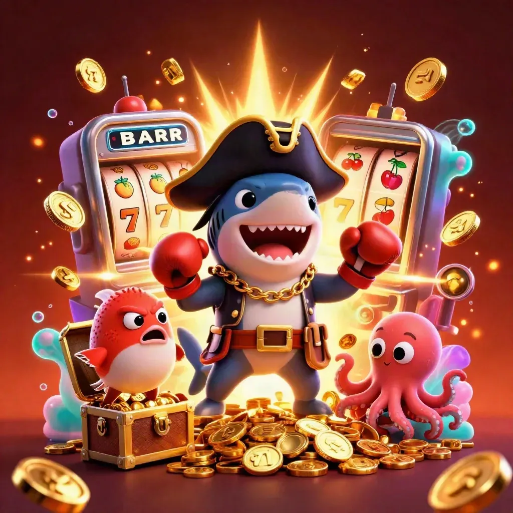 Pirate shark, boxing pufferfish, and coin-juggling octopus amid a jackpot slot burst.