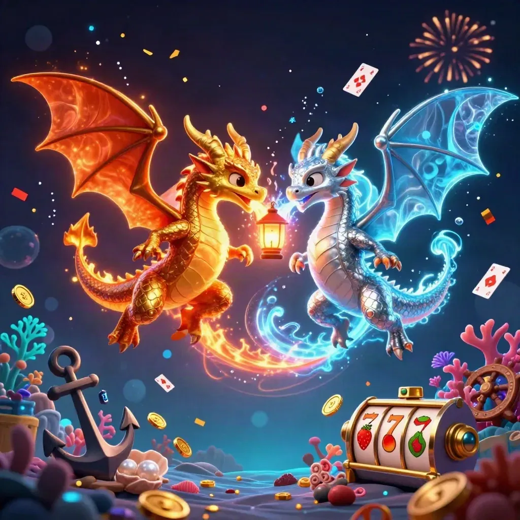 Gold and silver dragons spiral around a lantern spirit above glowing casino treasures.