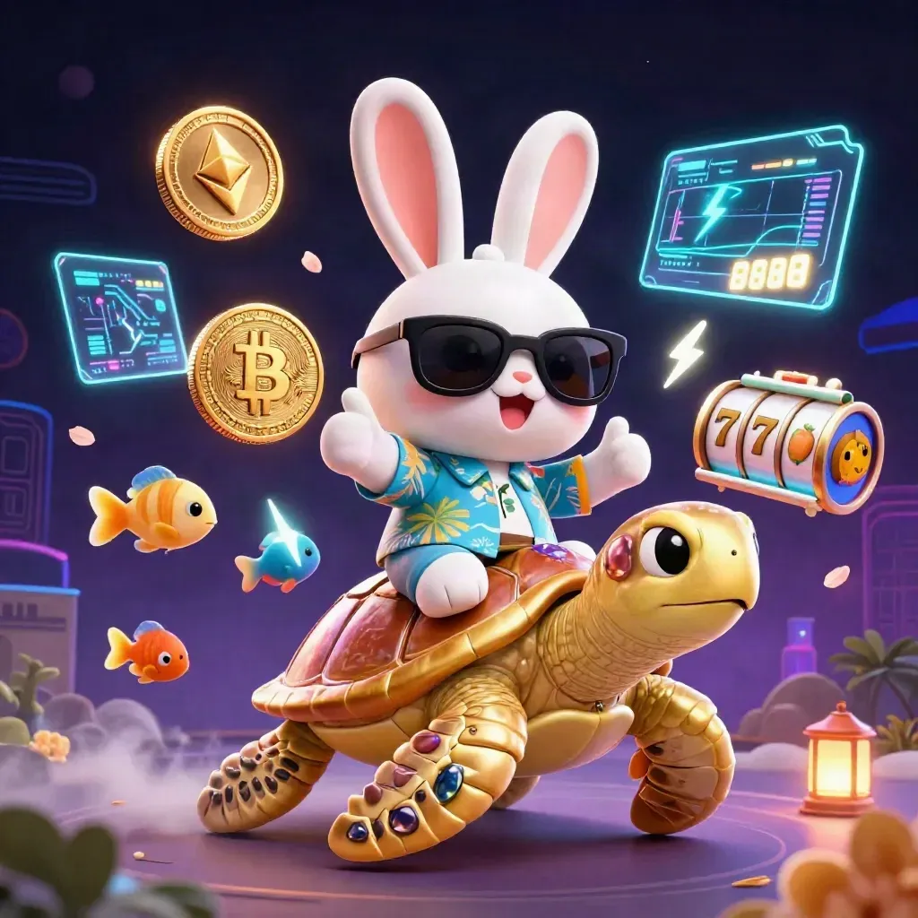 Rabbit on a gem turtle with coins, reels, lightning, and neon casino glow