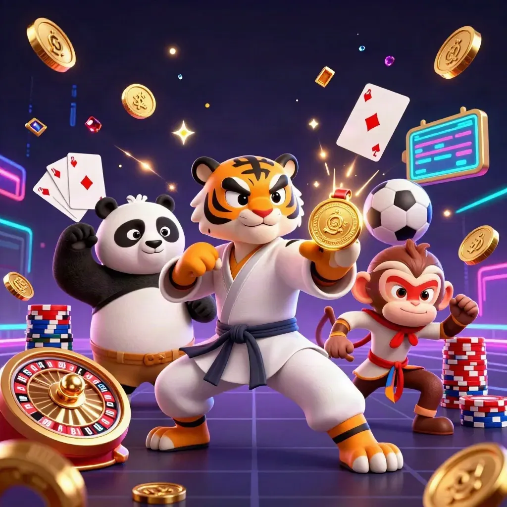 Tiger, panda and monkey amid casino coins, chips and neon esports betting effects.