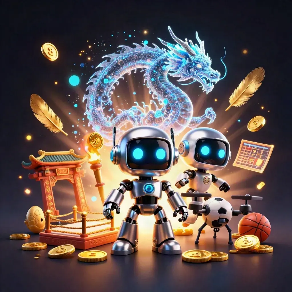 Cyberpunk robot, holographic dragon, and coin drone amid gold sparks, temple gate, and neon casino glow.
