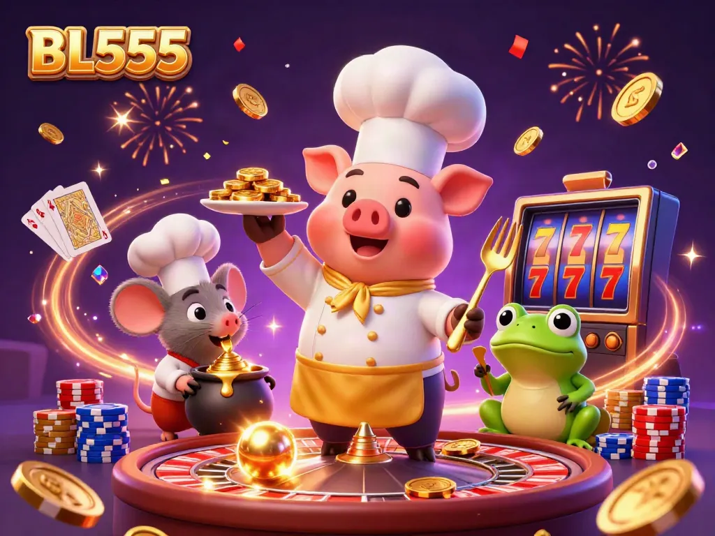 Win big with BL555 in a vibrant casino scene featuring whimsical characters and dynamic gaming elements.