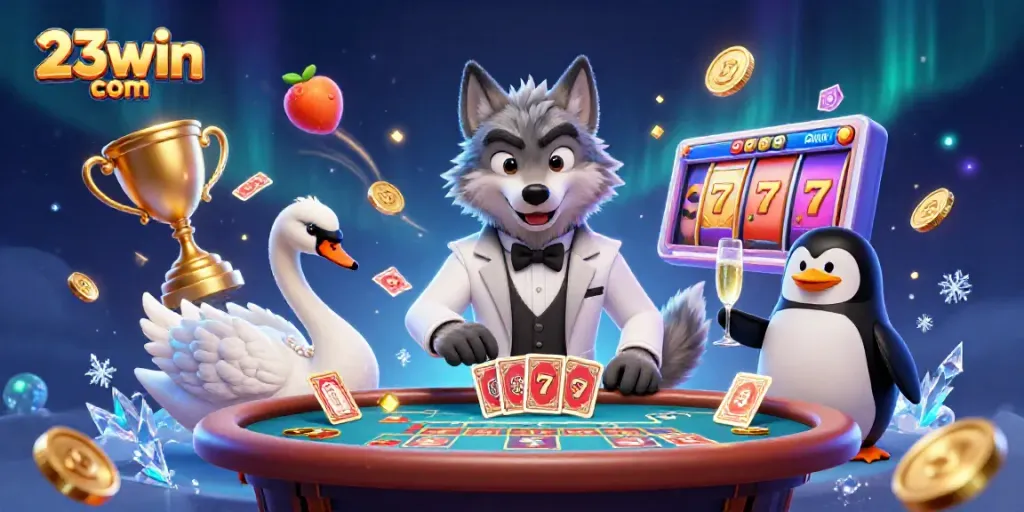 Experience the thrill of 23win com with a lively casino scene showcasing characters in action.