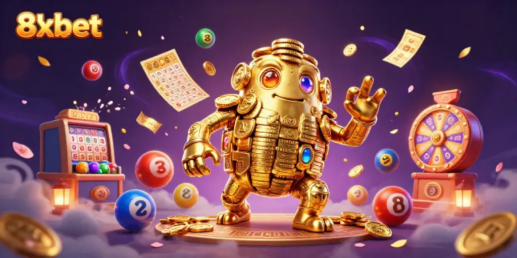 Bet on the exciting 8xbet with vibrant lottery balls and a golden golem in this lively casino scene.