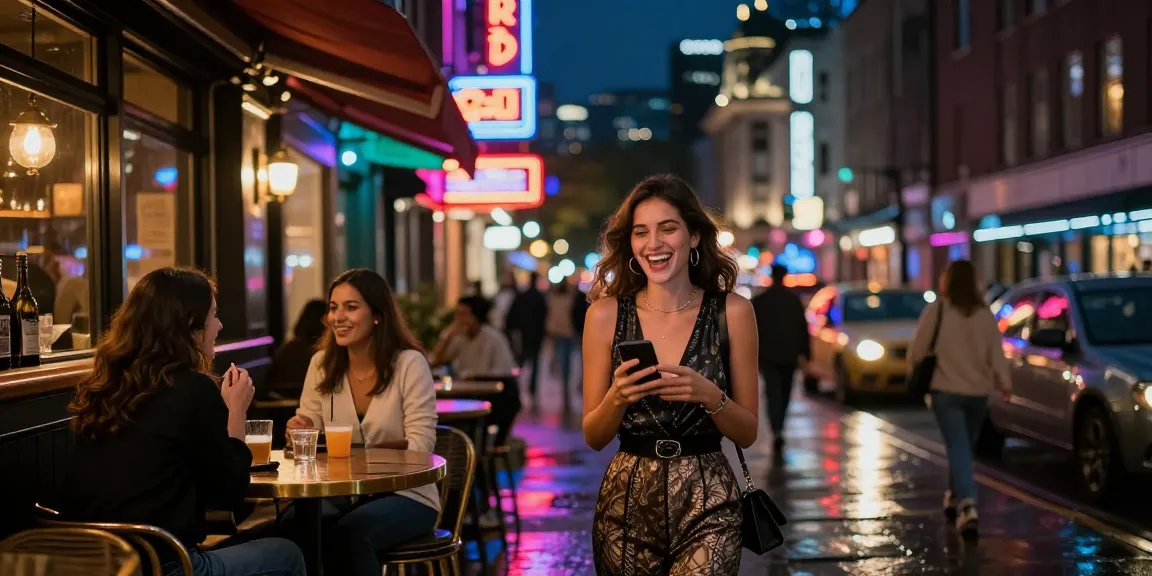 Gái gọi vui vẻ trong không gian đường phố nhộn nhịp với ánh đèn neon