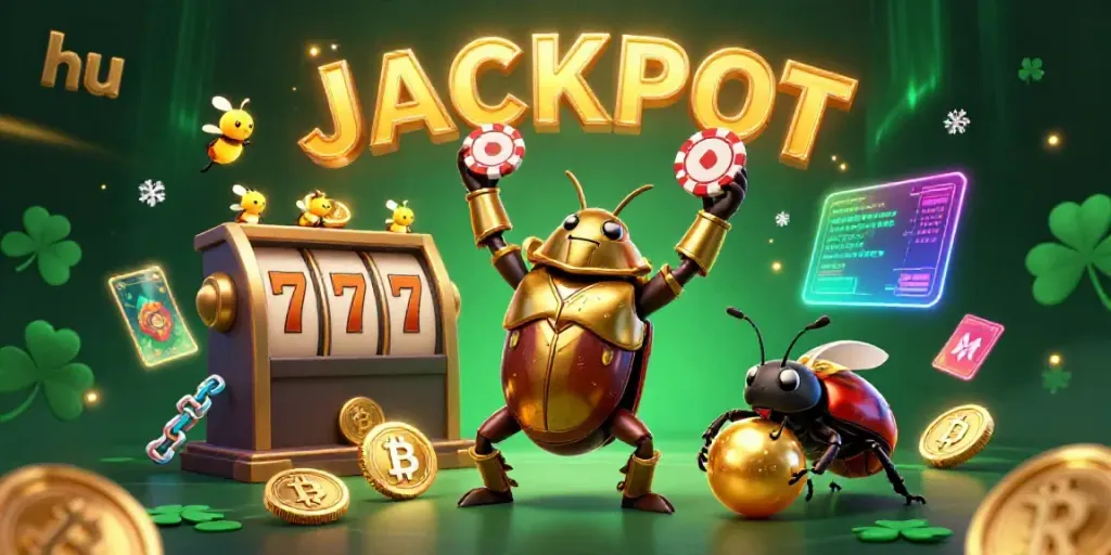 Celebrate wins with the hu themed jackpot, featuring a victorious beetle lifting poker chip amidst slot reels.