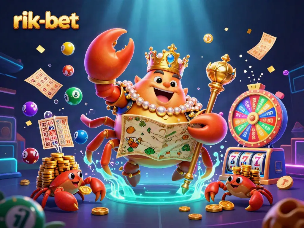Engage with the vibrant world of rik-bet through this dynamic illustration featuring a golden crab emperor amidst lively casino elements.