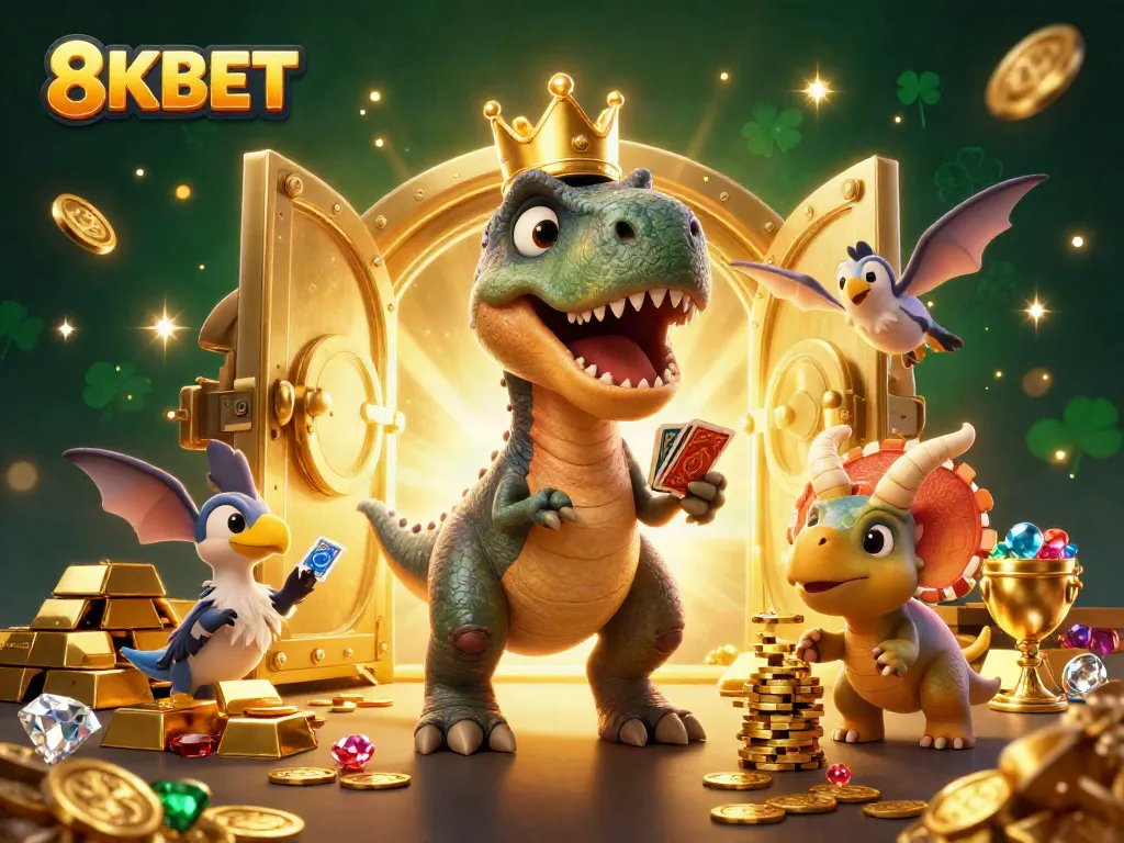 Experience the excitement of 8KBET with a dynamic scene featuring a T-Rex, a pterodactyl, and a baby triceratops in a treasure-filled casino.