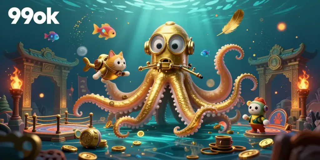 Experience thrilling action with the 99ok kraken, diving cat, and gold tokens in an engaging casino scene.