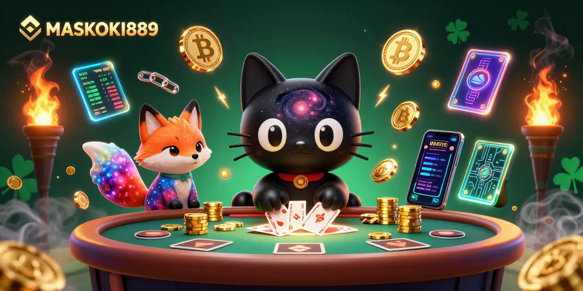 Engage in gambling excitement with MASKOKI889 as a black hole cat attracts golden chips and crypto coins.