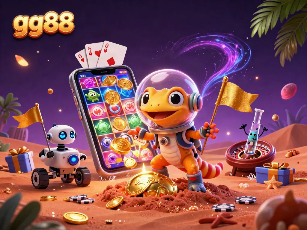 Engage with gg88's dynamic casino atmosphere featuring a Martian gecko and exciting game elements.