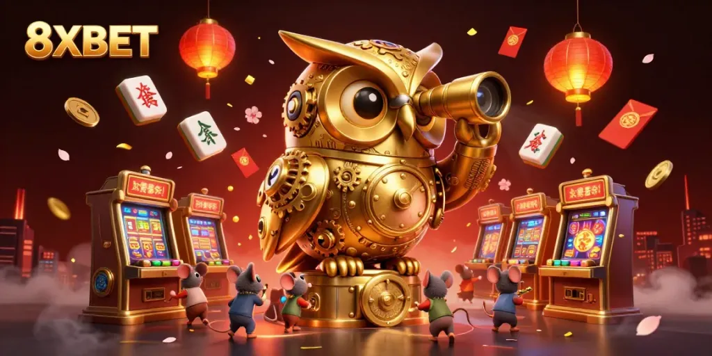 Engage with 8XBET's vibrant online casino scene featuring a whimsical golden owl amidst interactive games and festive decor.
