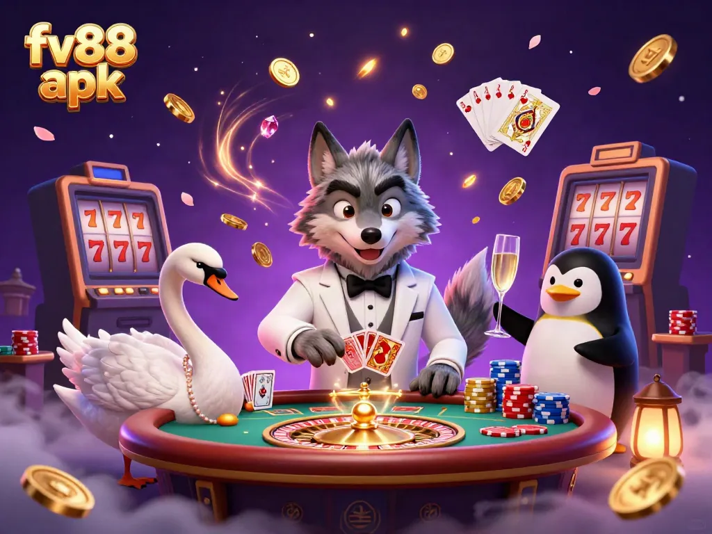 Experience the excitement of the fv88 apk with cartoon characters creating a vibrant casino atmosphere.