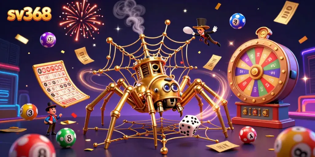 Experience the thrill of sv368 with a golden spider creating a web of luck and chance in a dynamic casino scene.
