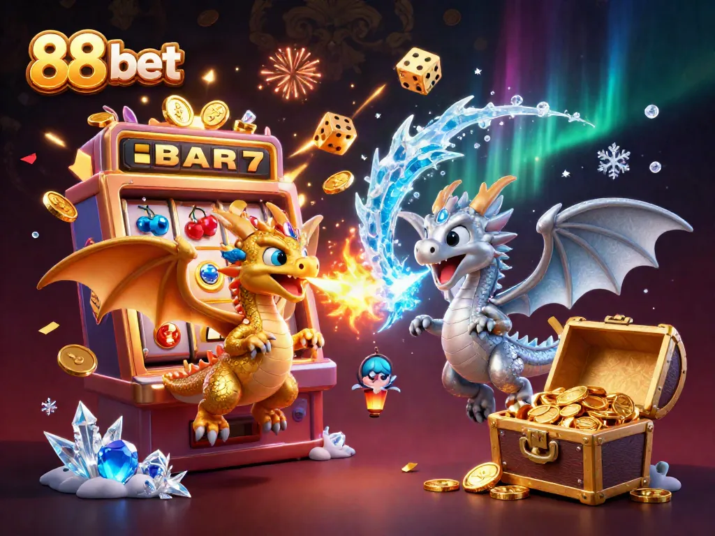 Experience thrilling wins with 88 bet in this dynamic 3D casino illustration featuring vibrant dragons.