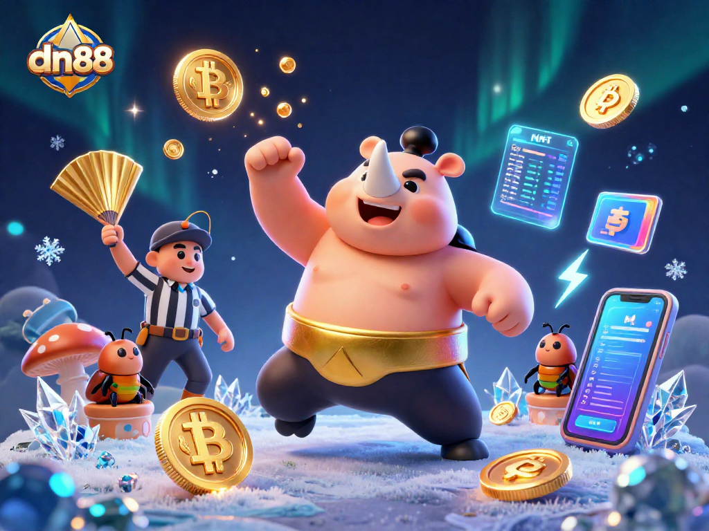 Experience dn88 with this vibrant illustration showcasing a sumo beetle champion amidst flying coins and crypto elements.