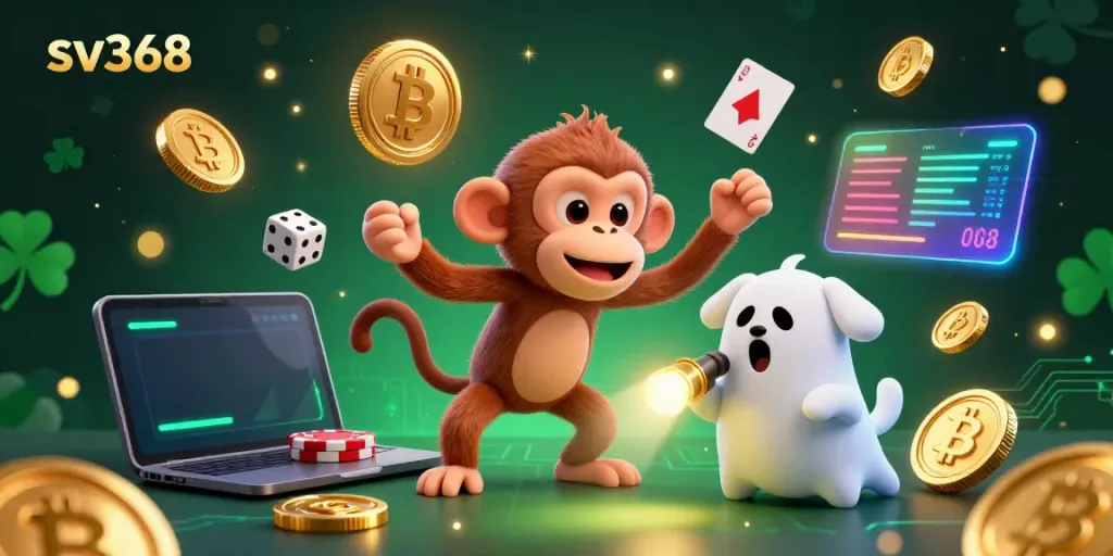 Engage with sv368's thrilling casino environment featuring a playful poltergeist monkey and ghost-hunter puppy.