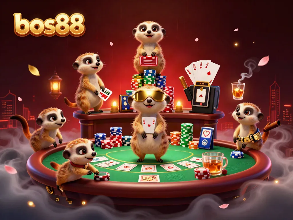 Experience the excitement of bos88 as meerkats run a bustling casino, surrounded by vibrant poker elements.