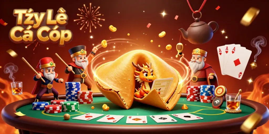 Bettors analyzing Tỷ Lệ Cá Cược featuring a golden fortune cookie and poker elements.