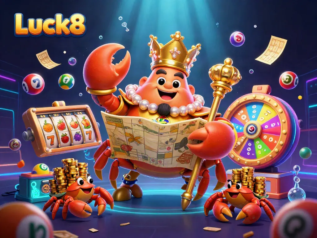 Luck8 offers a vibrant animated scene featuring a golden crab emperor with treasures and casino elements.