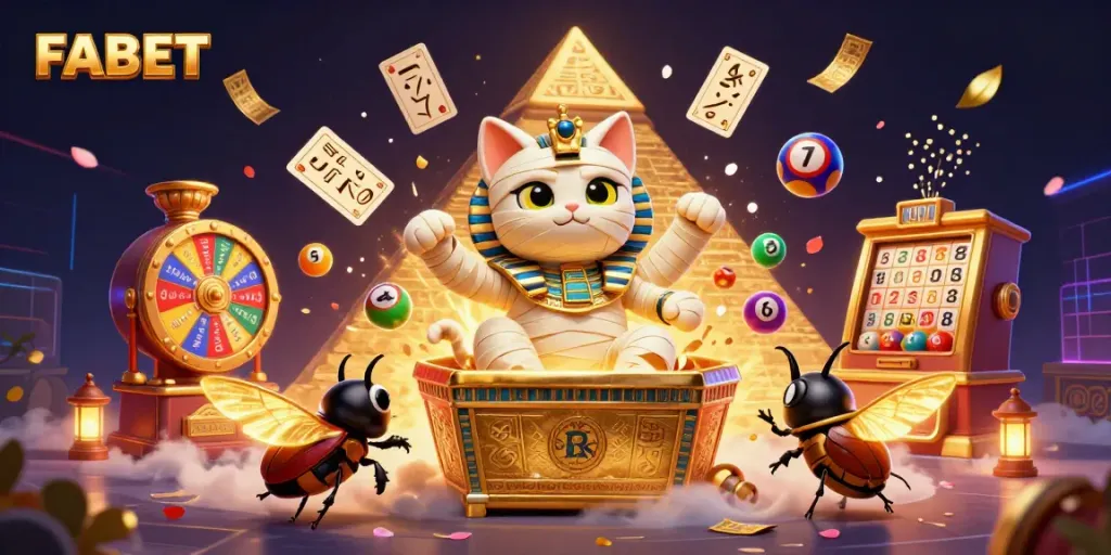 FABET casino features a vibrant Egyptian mummy cat and a scarab beetle companion amidst floating lottery elements.