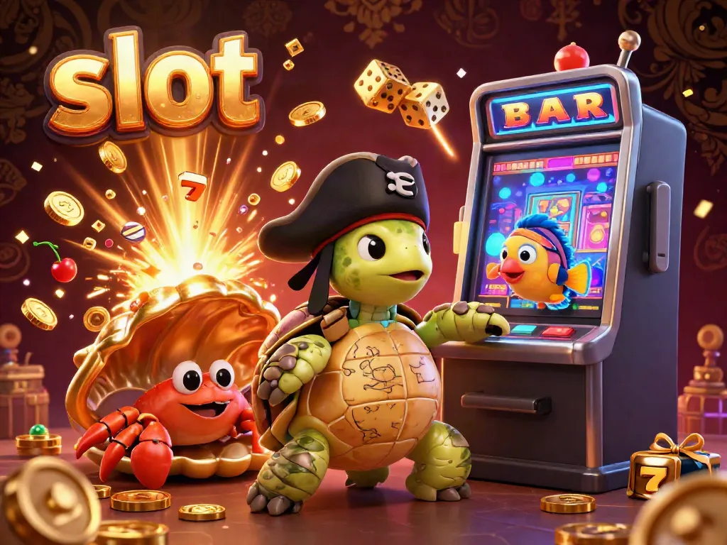 Experience thrilling slot action with a cartoon pirate turtle, lucky symbols, and a jackpot burst.
