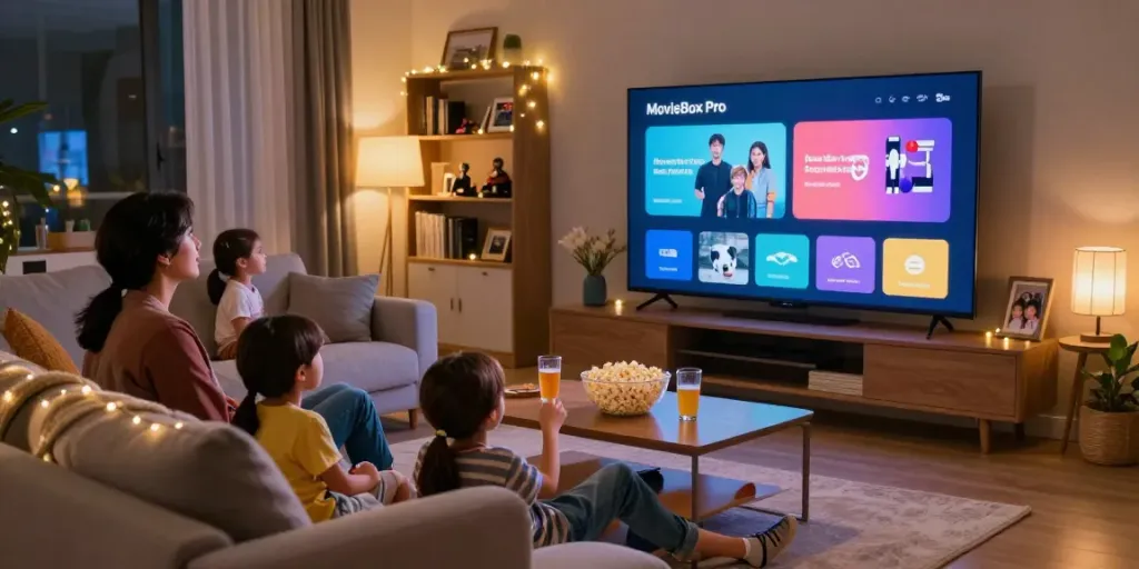 Family enjoying movie night using https://mymovieboxproapp.com/ in a warm living room setting.