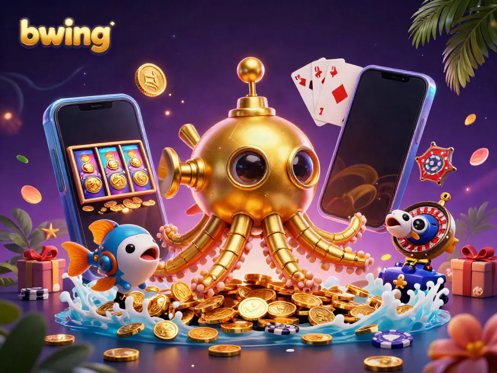 bwing offers thrilling gameplay with a golden kraken submarine emerging from a sea of coins, showcasing dynamic casino elements.