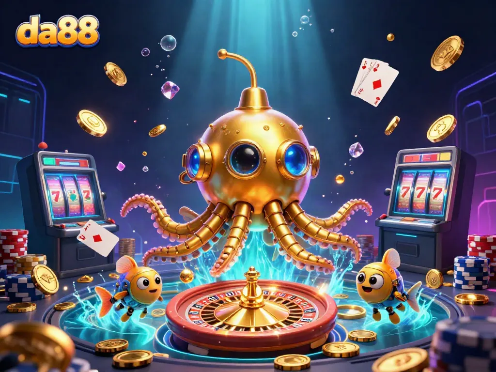 Engage in thrilling gaming at da88 with a vibrant underwater scene filled with golden coins and casino elements.
