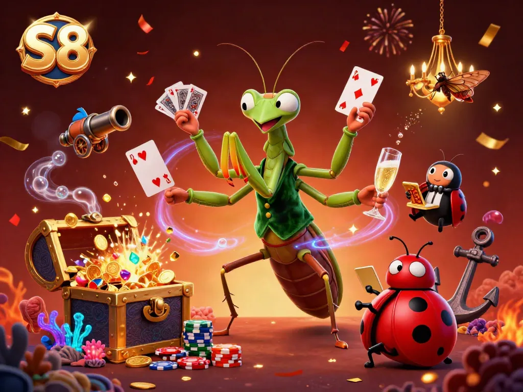 Experience thrilling gameplay at S8 with a giant mantis card sharp and colorful gems in a vibrant casino scene.
