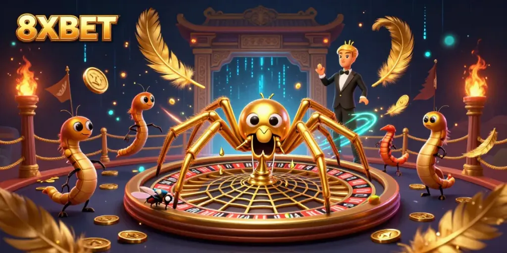 Experience thrilling bets with a golden spider and a centipede croupier at the 8XBET roulette
