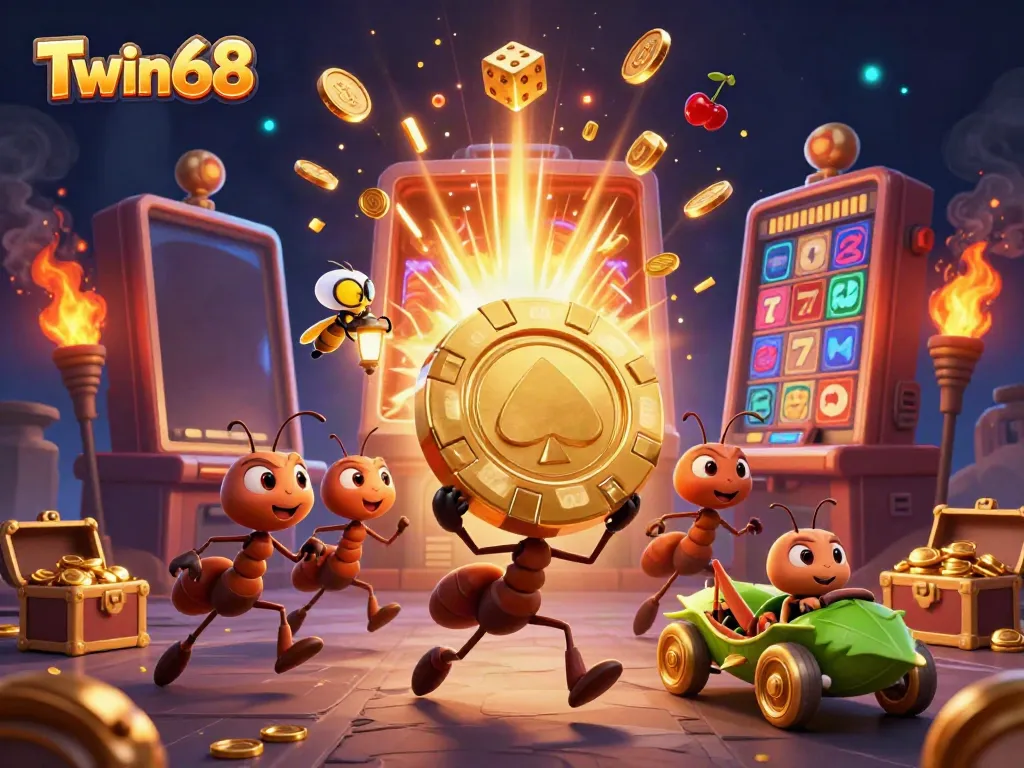 Engaging ants from Twin68 carrying a massive poker chip amid a festive casino atmosphere.