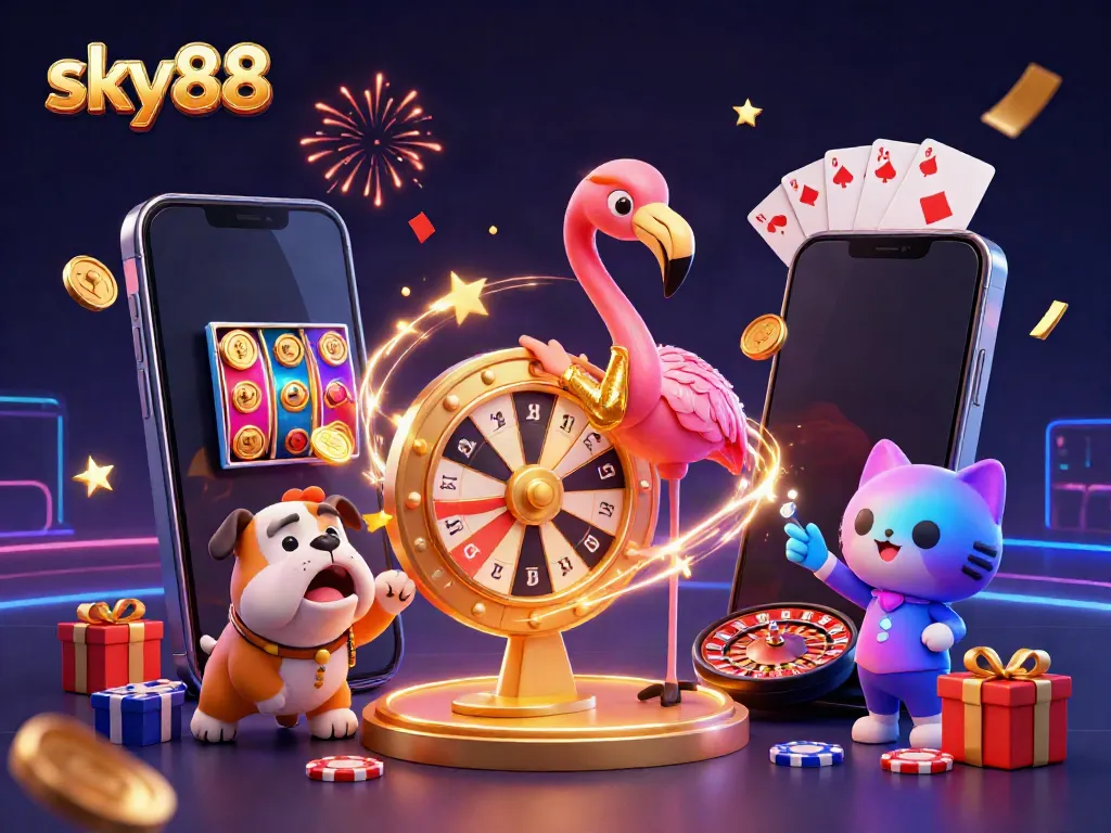 Spin to win at sky88 with a vibrant game show scene featuring fun casino elements and excited characters.