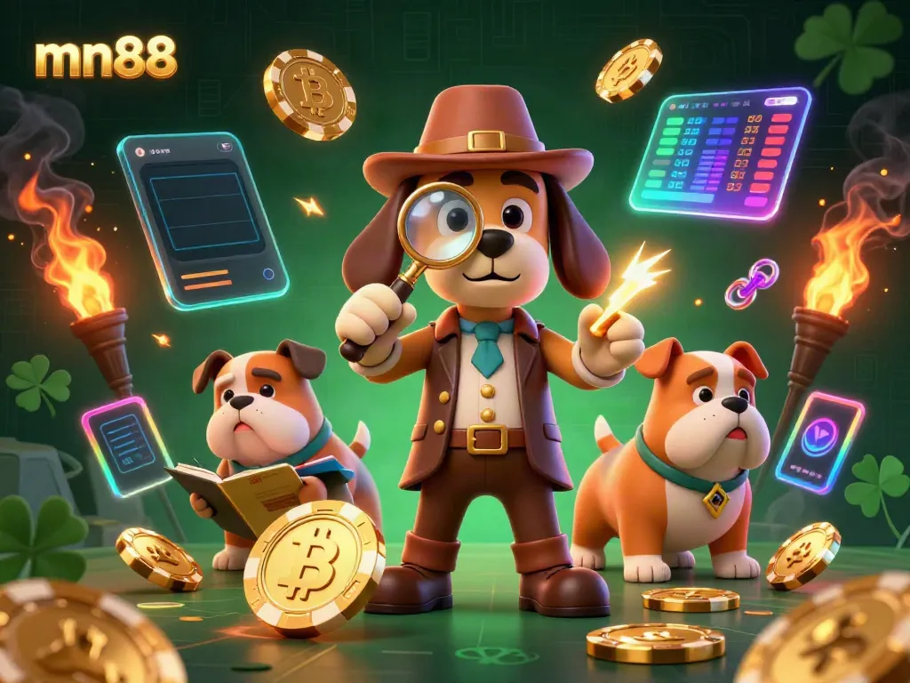 Engaging mn88 scene showcasing a detective bloodhound examining a poker chip amid neon crypto coins, highlighting gaming elements.