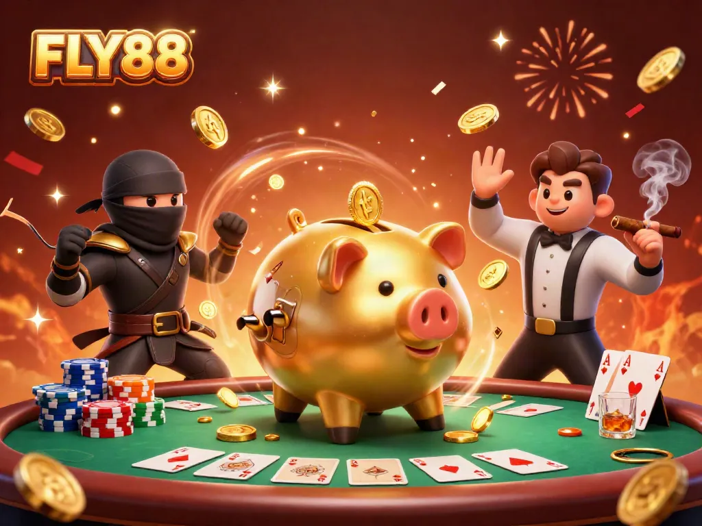 FLY88 features a dynamic scene with engaging characters and vibrant gambling elements like poker chips and cards.